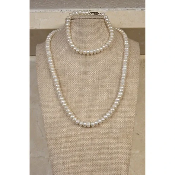 Vintage Genuine Pearl Necklace 17" & Bracelet 7" Sterling Silver Claps 5-7mm - Picture 2 of 5